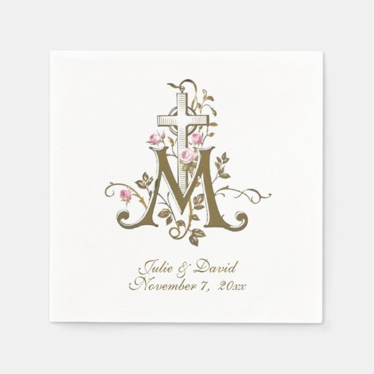 カトリックのマリアンクロスとバラ結婚ズ スタンダードカクテルナプキン (正面)