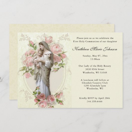 カトリックのメリーイエズファースト聖餐式招待状 招待状 (正面/裏面)