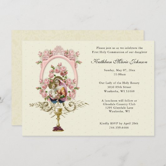 カトリックのメリーイエズファースト聖餐式招待状 招待状 (正面/裏面)
