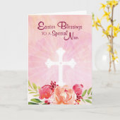 カトリックの修道女イースター恵み、ピンクの水色 カード (黄色い花)