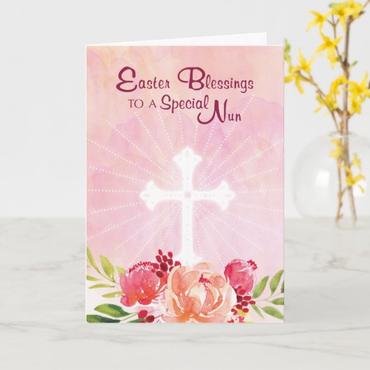 カトリックの修道女イースター恵み、ピンクの水色 カード (黄色い花)