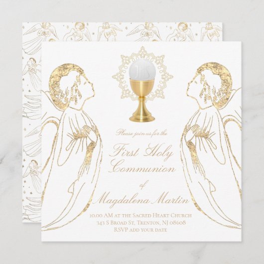 カトリックの女の子が天使を崇拝する最初の聖餐式 招待状 (正面/裏面)