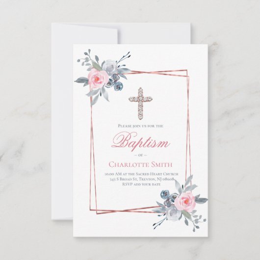 カトリックの女の子のバプテスマのフローラフレーム 招待状 (正面)