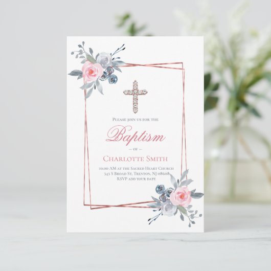 カトリックの女の子のバプテスマのフローラフレーム 招待状 (スタンド正面)