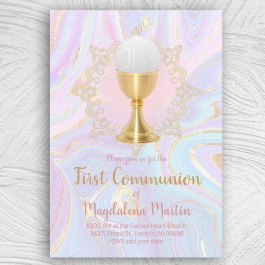 カトリックの女の子の最初の聖体液大理石の装飾 招待状