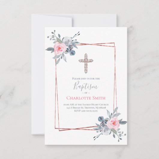 カトリックの女の子バプテスマフローラフレームデザイン 招待状 (正面)