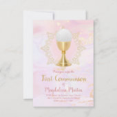 カトリックの少女の最初の聖餐式ピンク大理石 招待状 (正面)