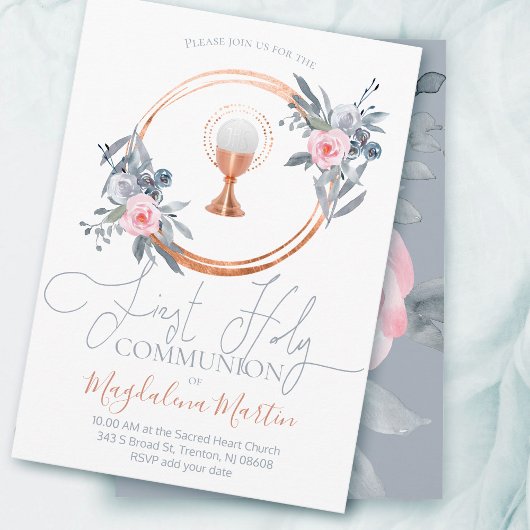 カトリックの少女の最初の聖餐式フローラ 招待状