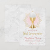 カトリックの少女　初めての聖体拝領　グレーとピンクのデザイン 招待状 (正面/裏面)