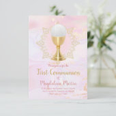 カトリックの少女　初領聖体　ピンク大理石 招待状 (スタンド正面)