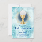 カトリックの少年ファースト・コミュニオンブルー大理石 招待状 (正面)