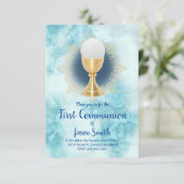 カトリックの少年ファースト・コミュニオンブルー大理石 招待状 (スタンド正面)