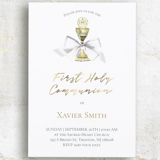 カトリックの最初の聖餐式の白い弓 招待状