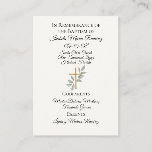 カトリックの洗礼のベビーガールの記憶カード 名刺 (裏面)