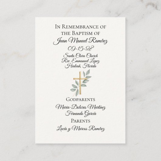 カトリックの洗礼男の赤ちゃん記憶カード 名刺 (裏面)