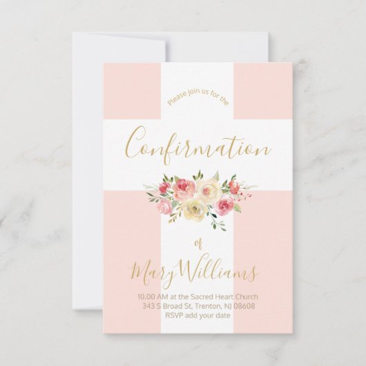 カトリックの白い十字と花の確認 招待状 (正面)