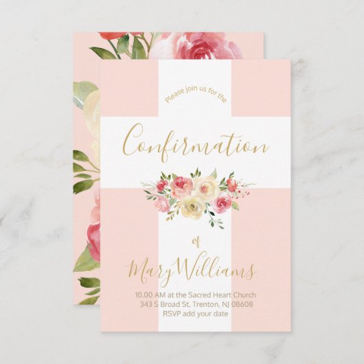 カトリックの白い十字と花の確認 招待状 (正面/裏面)