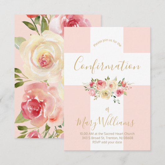 カトリックの白い十字架と花の確認 招待状 (正面/裏面)