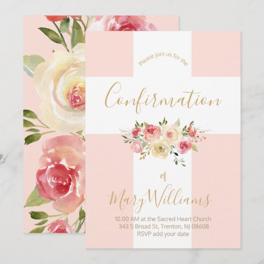 カトリックの白い十字架と花の確認 招待状 (正面/裏面)