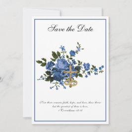 カトリックの結婚式 青いバラの宗教的なデザイン セーブザデート