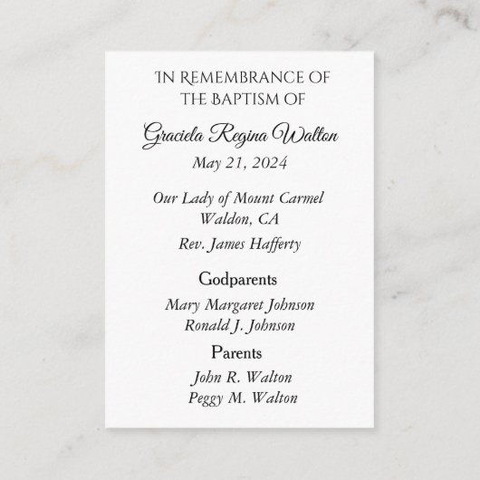 カトリックの赤ちゃん女の子バプティスマの記憶神聖なカード エンクロージャーカード (裏面)