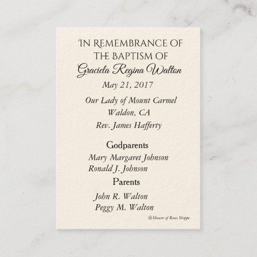カトリックの赤ちゃん女の子バプティスマの記憶神聖なカード 名刺 (裏面)