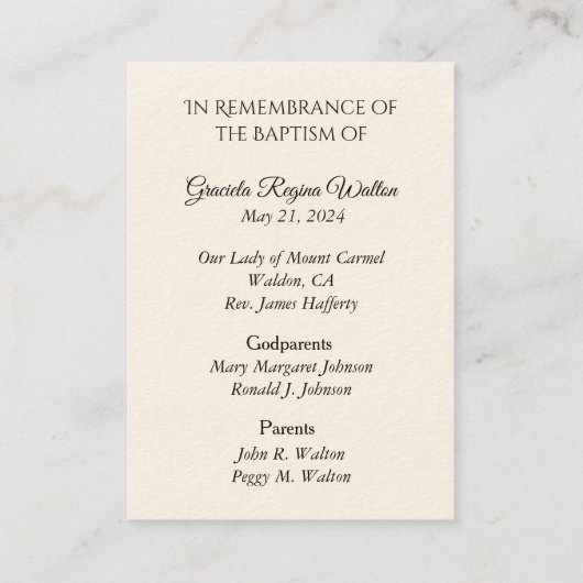 カトリックの赤ちゃん女の子バプティスマの記憶神聖なカード 名刺 (裏面)