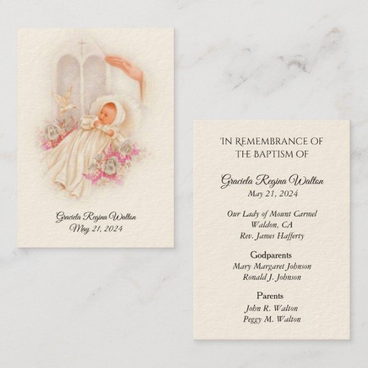 カトリックの赤ちゃん女の子バプティスマの記憶神聖なカード 名刺 (正面/裏面)