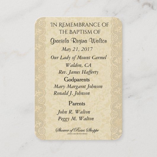 カトリックの赤ちゃん女の子バプティスマの記憶神聖なカード 名刺 (裏面)