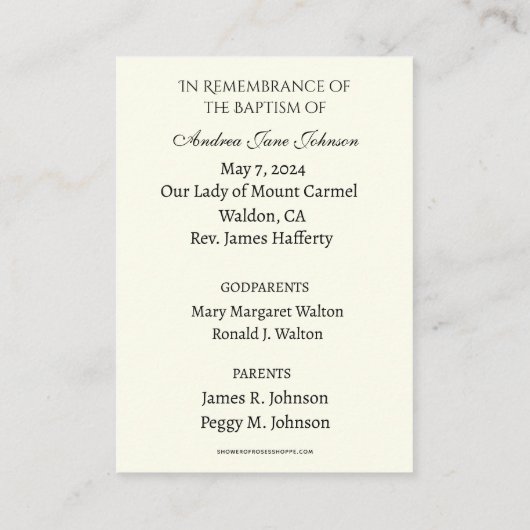 カトリックの赤ちゃん女の子バプテスマの思い出の聖カード エンクロージャーカード (裏面)