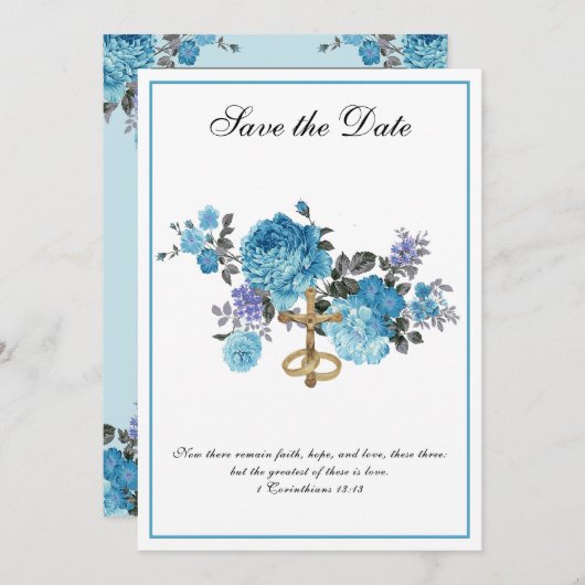 カトリックの青い花の宗教的な結婚式 セーブザデート (正面/裏面)