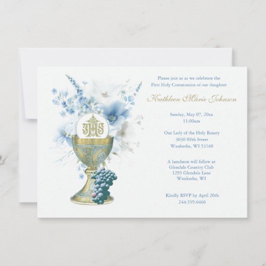 カトリックの青フローラ第一聖餐式 招待状 (正面)