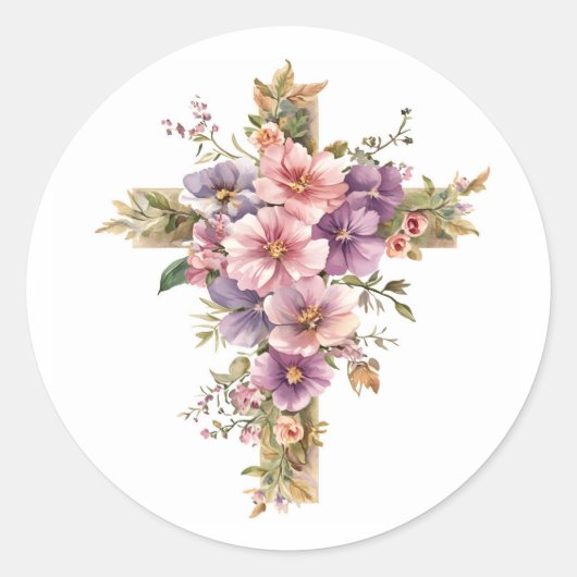 カトリッククロス 花柄デザイン 宗教的 キリスト教 ラウンドシール (正面)