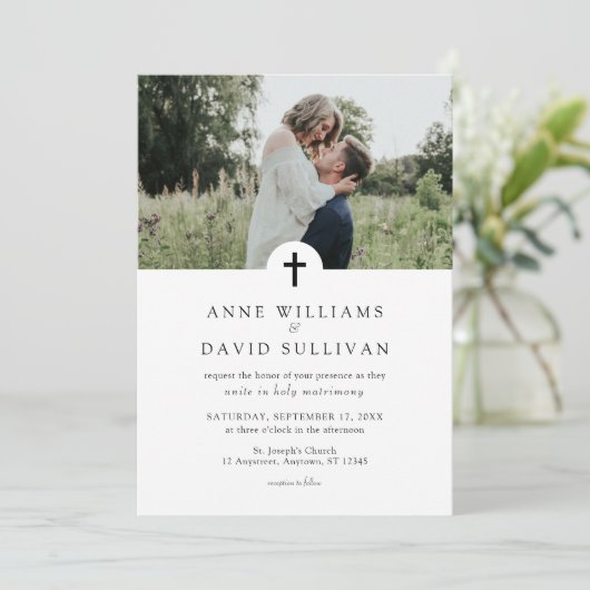 カトリックシンプルキリスト教の十字架と写真結婚の 招待状 (スタンド正面)