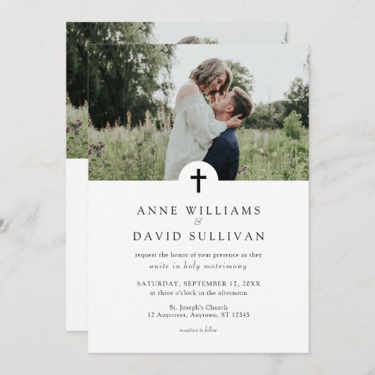 カトリックシンプルキリスト教の十字架と写真結婚の 招待状 (正面/裏面)