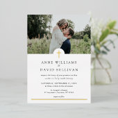 カトリックシンプルキリスト教の十字架と写真結婚の 箔招待状 (立ち正面)