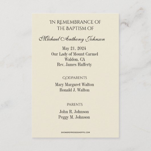 カトリックベビーバプティスマル追悼神聖カード エンクロージャーカード (裏面)