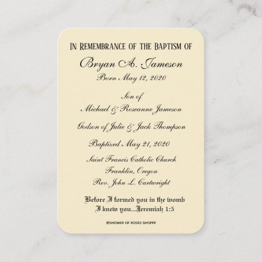 カトリックベビーバプティスマル追悼神聖カード 名刺 (裏面)
