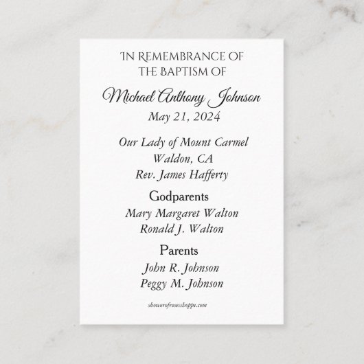 カトリックベビーバプティスマル追悼神聖カード 名刺 (裏面)