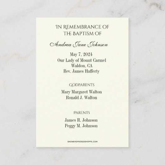 カトリックベビーバプテスマ追悼神聖カード エンクロージャーカード (裏面)