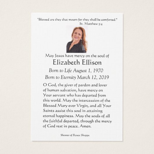 カトリックヴァージンメアリーイエズ葬式祈りの言葉カード (裏面)