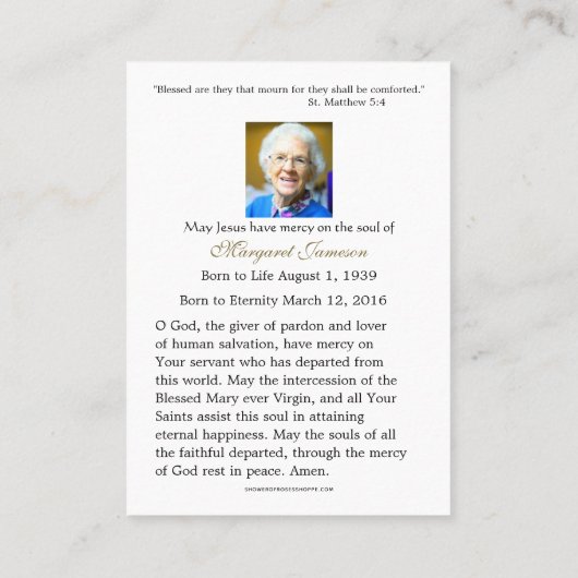 カトリックヴァージンメアリーバラ葬儀悔やみや弔慰祈りの言葉 プレイスカード (裏面)