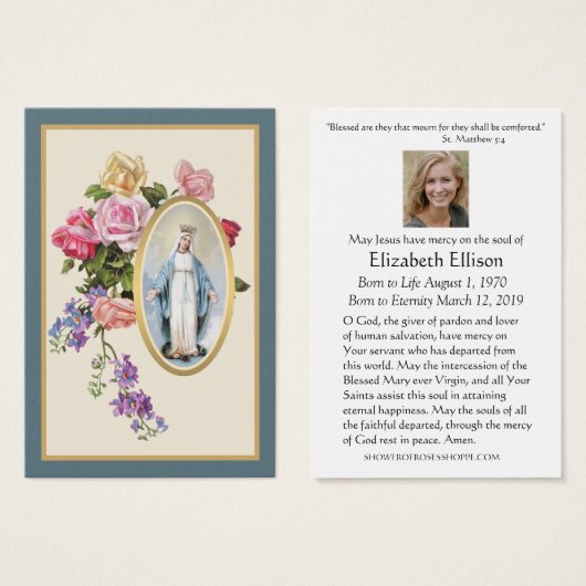 カトリックヴァージンメアリーフローラ葬儀祈りの言葉カード (正面&裏面)