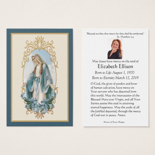 カトリックヴァージンメアリーフローラ葬儀祈りの言葉カード (正面&裏面)