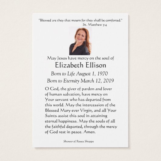 カトリックヴァージンメアリーフローラ葬儀祈りの言葉カード (裏面)