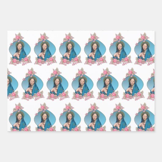 カトリックヴァージンメアリー宗教ピンクローゼズ ラッピングペーパーシート (正面)