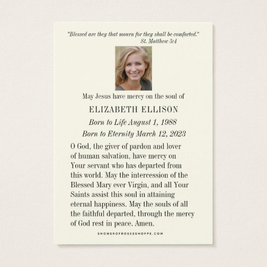 カトリックヴァージンメアリー葬儀記念祈りの言葉カード (裏面)