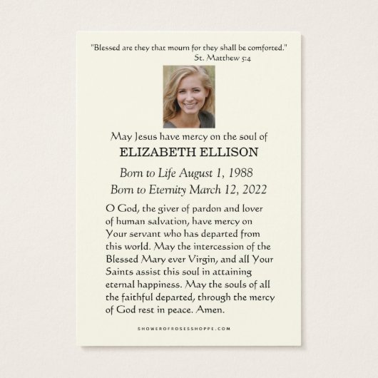 カトリックヴァージンメアリー葬儀記念祈りの言葉 (裏面)