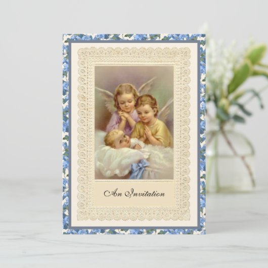 カトリックヴィンテージボーイバプテスマ《キリスト教》洗礼式や命名式天使イン 招待状 (スタンド正面)