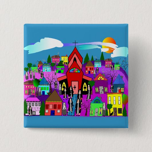 カトリック修道女アート「教会へ向かう」 缶バッジ (正面)